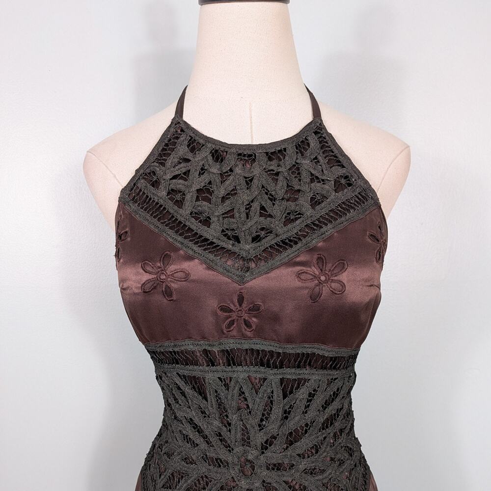 Vintage Cache Silk Midi Dress Cocktail Gown 6 Brown Lace Fairy Grunge 90sY2K - Picture 8 of 16